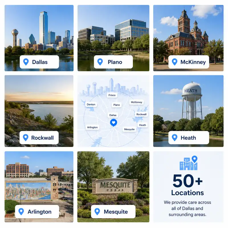 Dallas, Plano, McKinney, Rockwall, Heath, Arlington, and Mesquite service areas